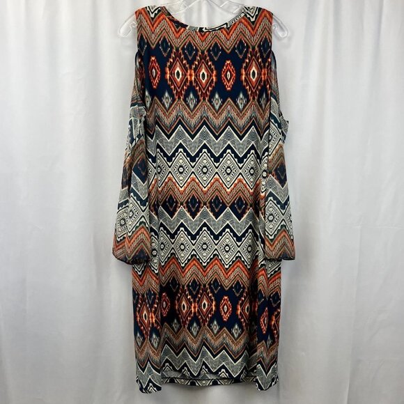 R&K Womens Multicolor Aztec Cold Shoulder Sleeve Round Neck Sheath Dress Sz 18W - Picture 2 of 9